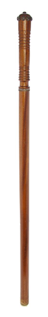 A Folk Art Mahogany Turned Wood Walking Stick, Length of handle 6 1/2 x length overall 35 3/4 inches.