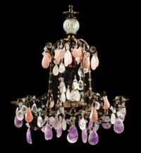 A French Patinated Bronze, Rock Crystal, Amethyst and Rose Quartz Eight-Light Chandelier Height 28 x diameter 26 inches.