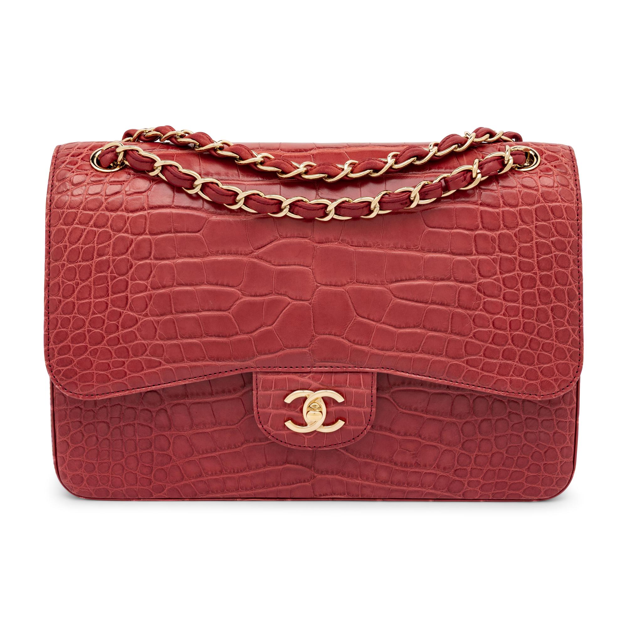 Chanel, Jumbo Classic Double Flap Bag in Burgundy Alligator