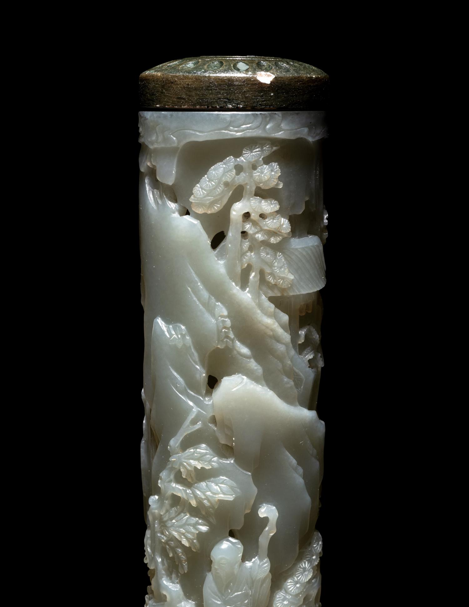 A Pair of Carved Celadon Jade Cylindrical Parfumiers