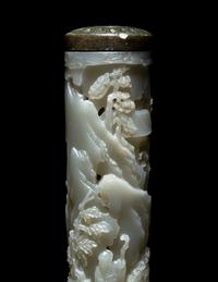 A Pair of Carved Celadon Jade Cylindrical Parfumiers