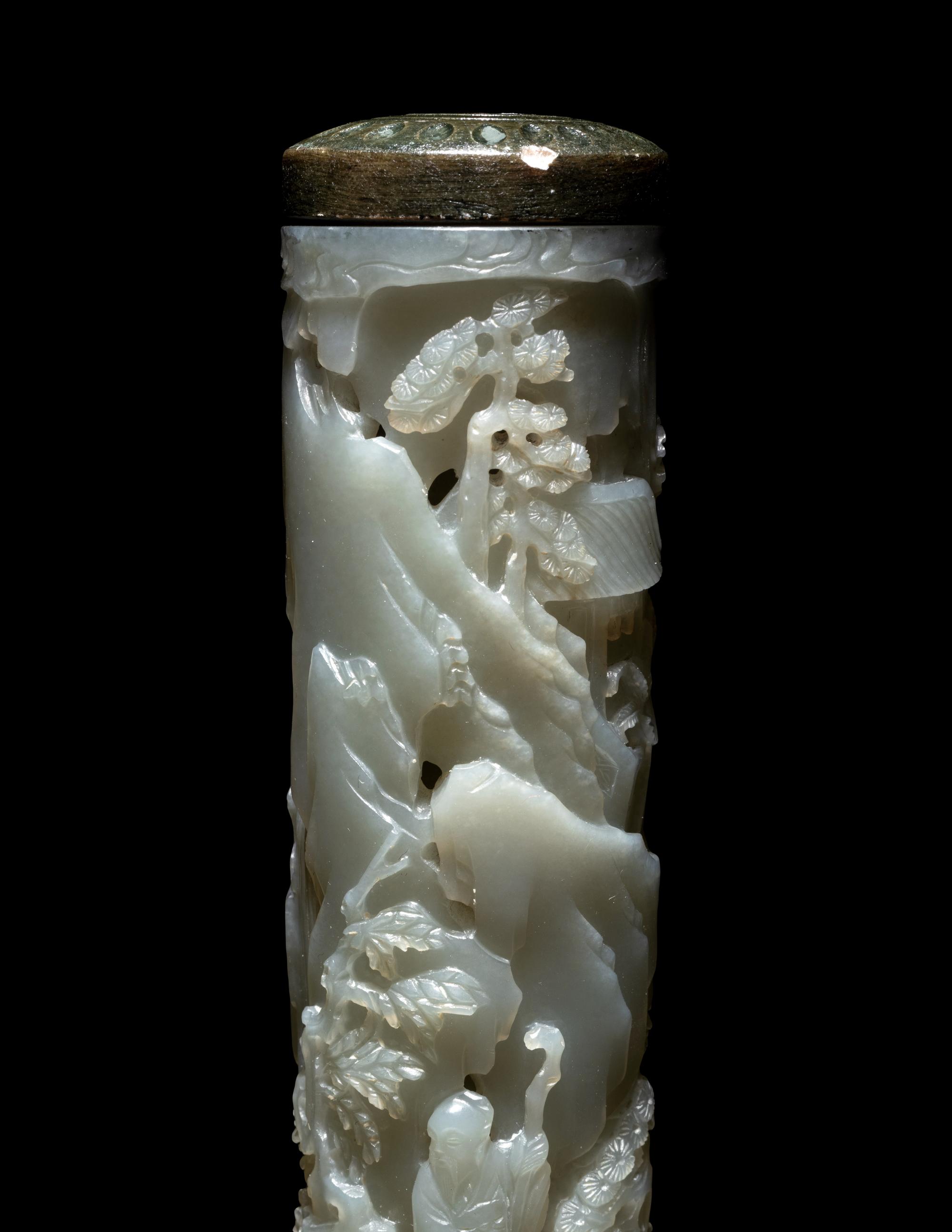 A Pair of Carved Celadon Jade Cylindrical Parfumiers
