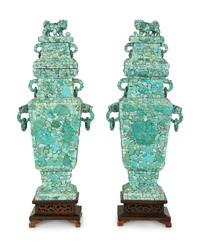 A Pair of Chinese Tessellated Hardstone Urns