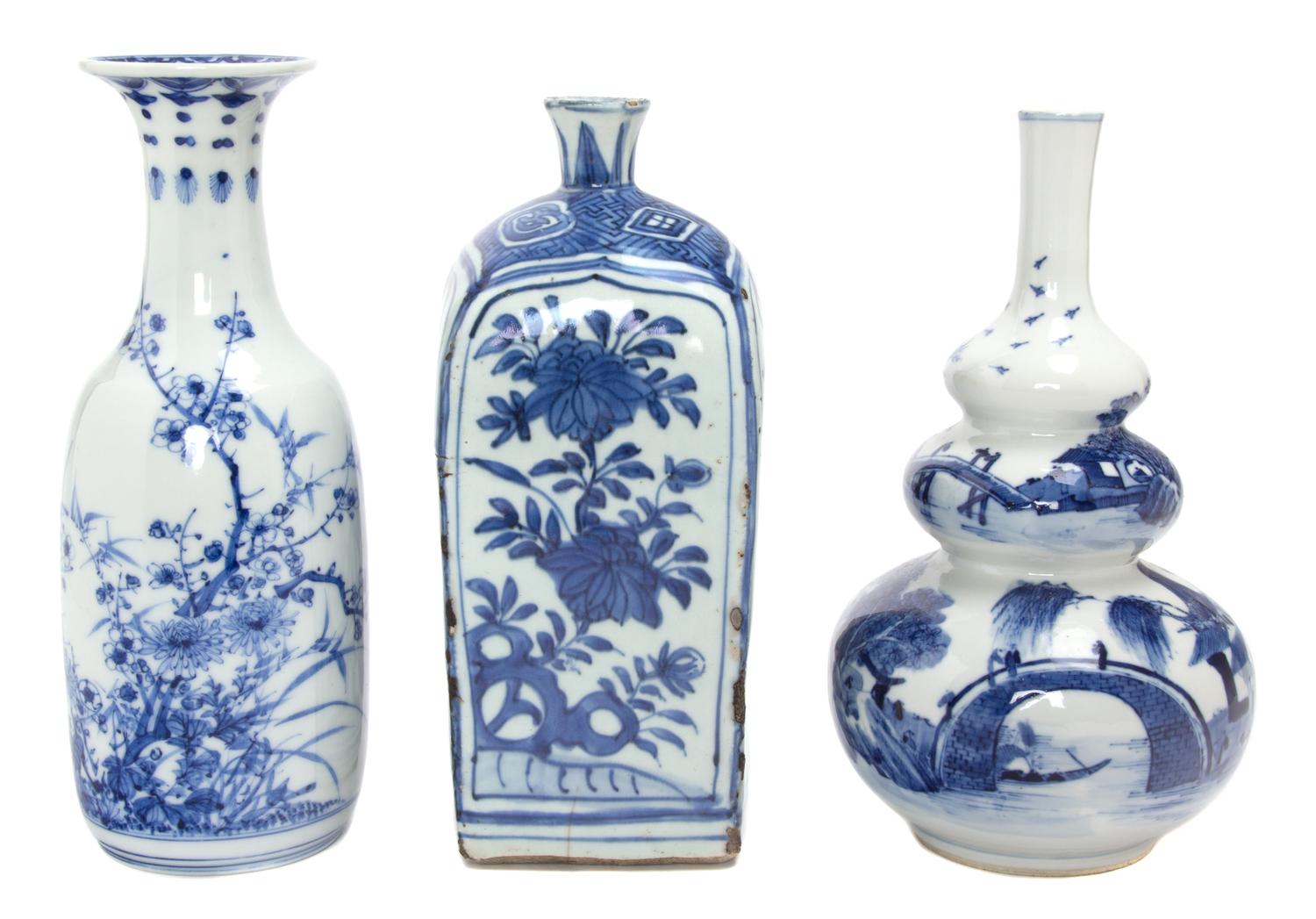 Three Chinese Blue and White Decorated Vases Height of tallest 10 1/4 inches. — 20TH CENTURY