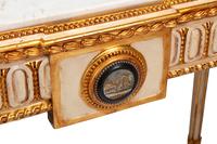 A Pair of Italian Neoclassical Style Cream-Painted, Parcel Gilt and Micro Mosaic Plaque-Mounted Console Tables