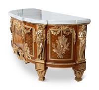 A Louis XVI Style Gilt Bronze Mounted Marquetry Marble-Top Commode After the Model by Jean-Henri Riesener — FIRST HALF 20TH CENTURY