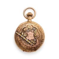 WALTHAM, 14K TRICOLOR GOLD HUNTER CASE POCKET WATCH AND GOLD-FILLED FOB CHAIN