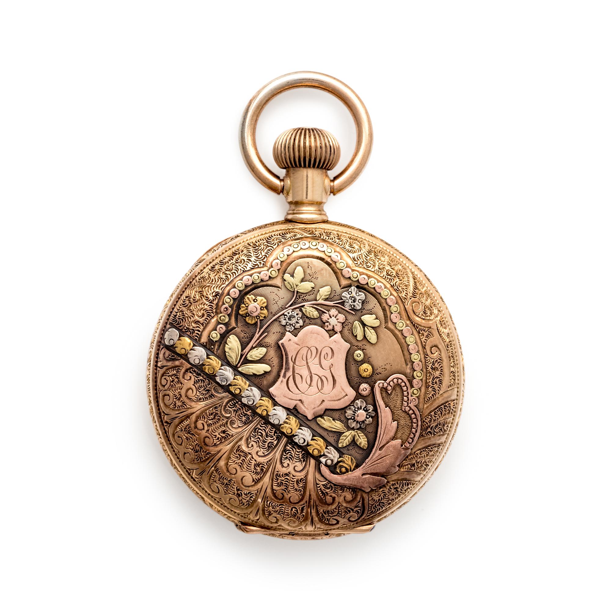 WALTHAM, 14K TRICOLOR GOLD HUNTER CASE POCKET WATCH AND GOLD-FILLED FOB CHAIN