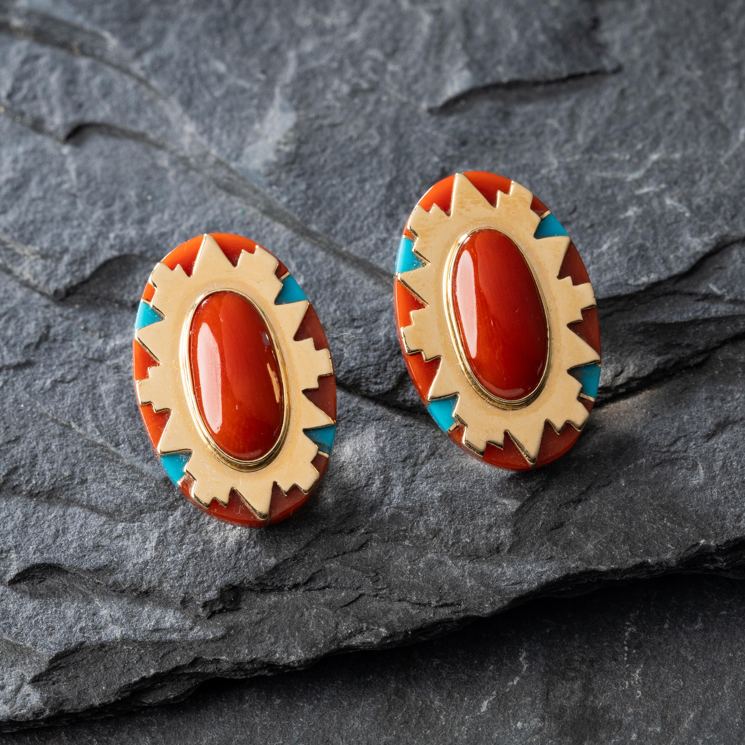 Leo Lando Yazzie (Diné, act. since 1970s) — 14k Gold, Turquoise, and Coral Clip Earrings