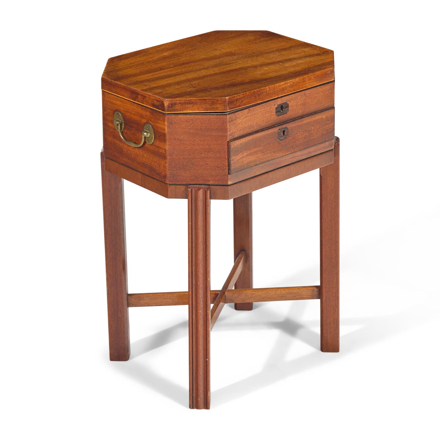 A George III Mahogany Sewing Box on Later Stand