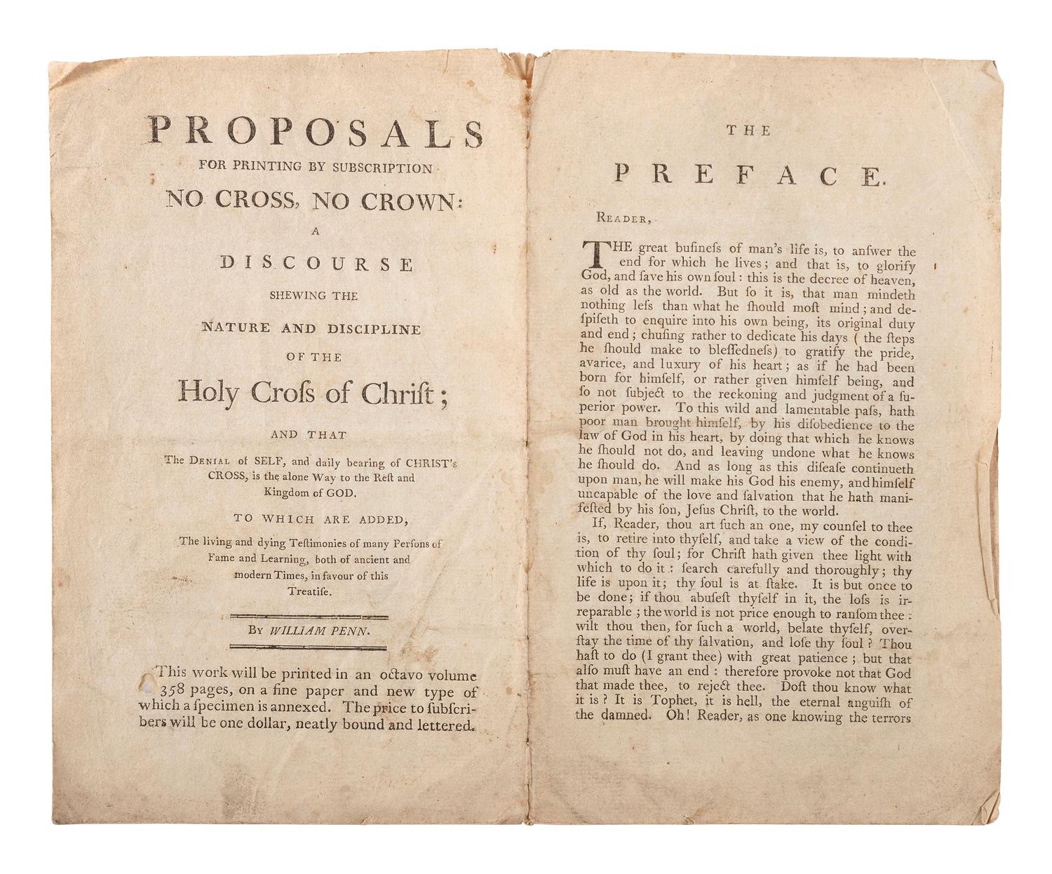 [QUAKERIANA] -- [PENN, William (1644-1718)]. A group of Quaker imprints including a rare proposal for printing of William Penn's No Cross, No Crown, by subscription.