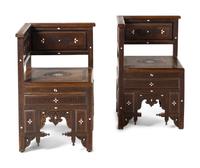 A Pair of Syrian Mother-of-Pearl Inlaid Carved Walnut Corner Chairs