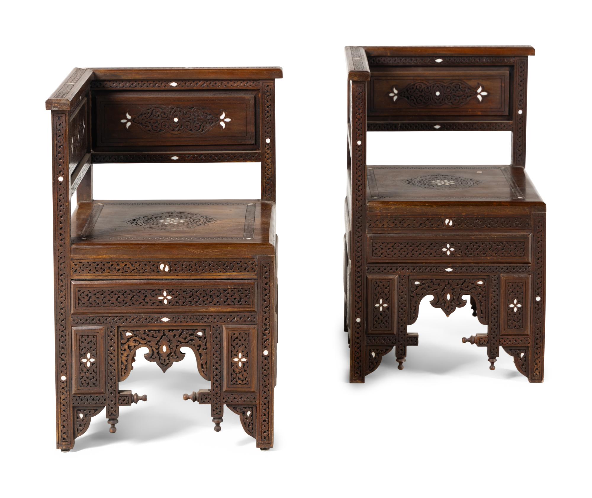 A Pair of Syrian Mother-of-Pearl Inlaid Carved Walnut Corner Chairs