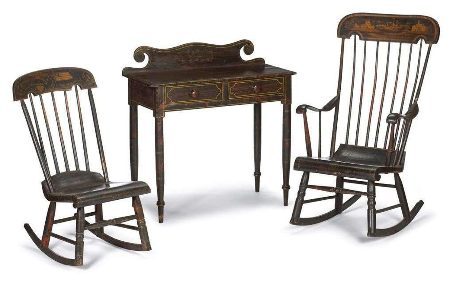 Two rosewood grained and stenciled rocking chairs new england, circa 1830