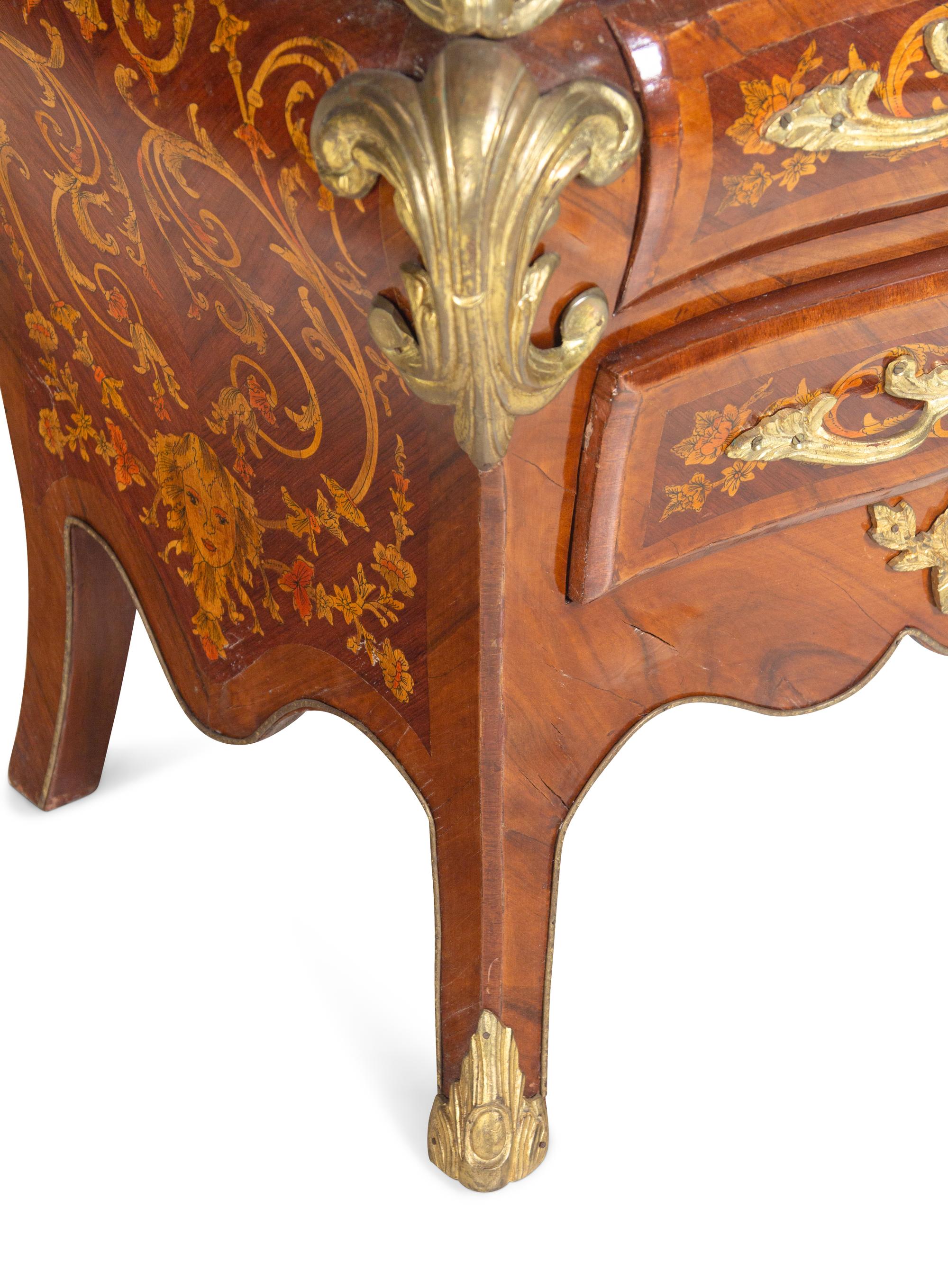 A Near Pair of Régence Style Gilt Metal Mounted Inlaid Kingwood Marble-Top Bombe Commodes