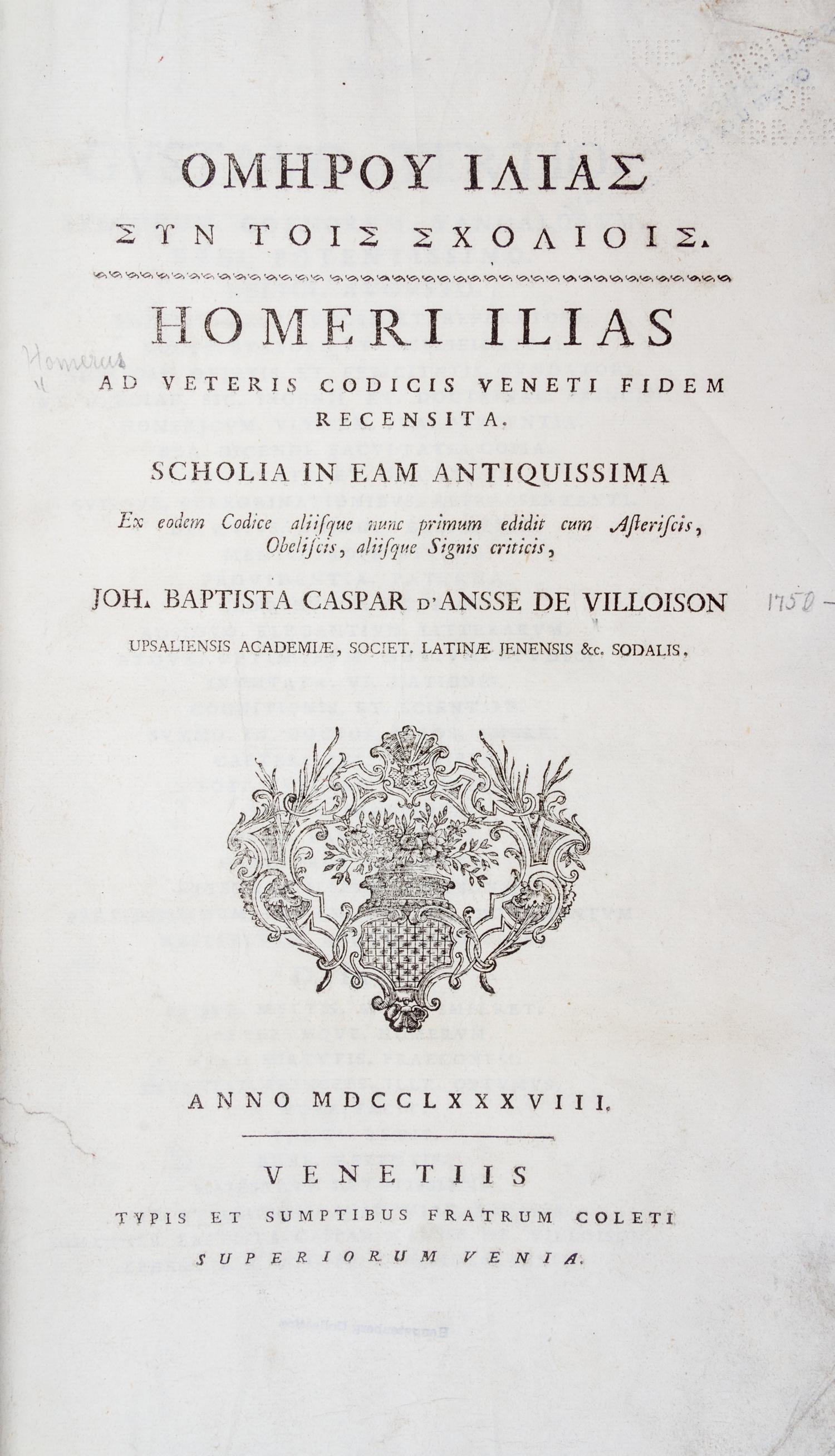 (HOMER) VILLOISON, JEAN-BAPTISTE GASPARD D'ANSSE DE. Ilias. Venice, 1788.