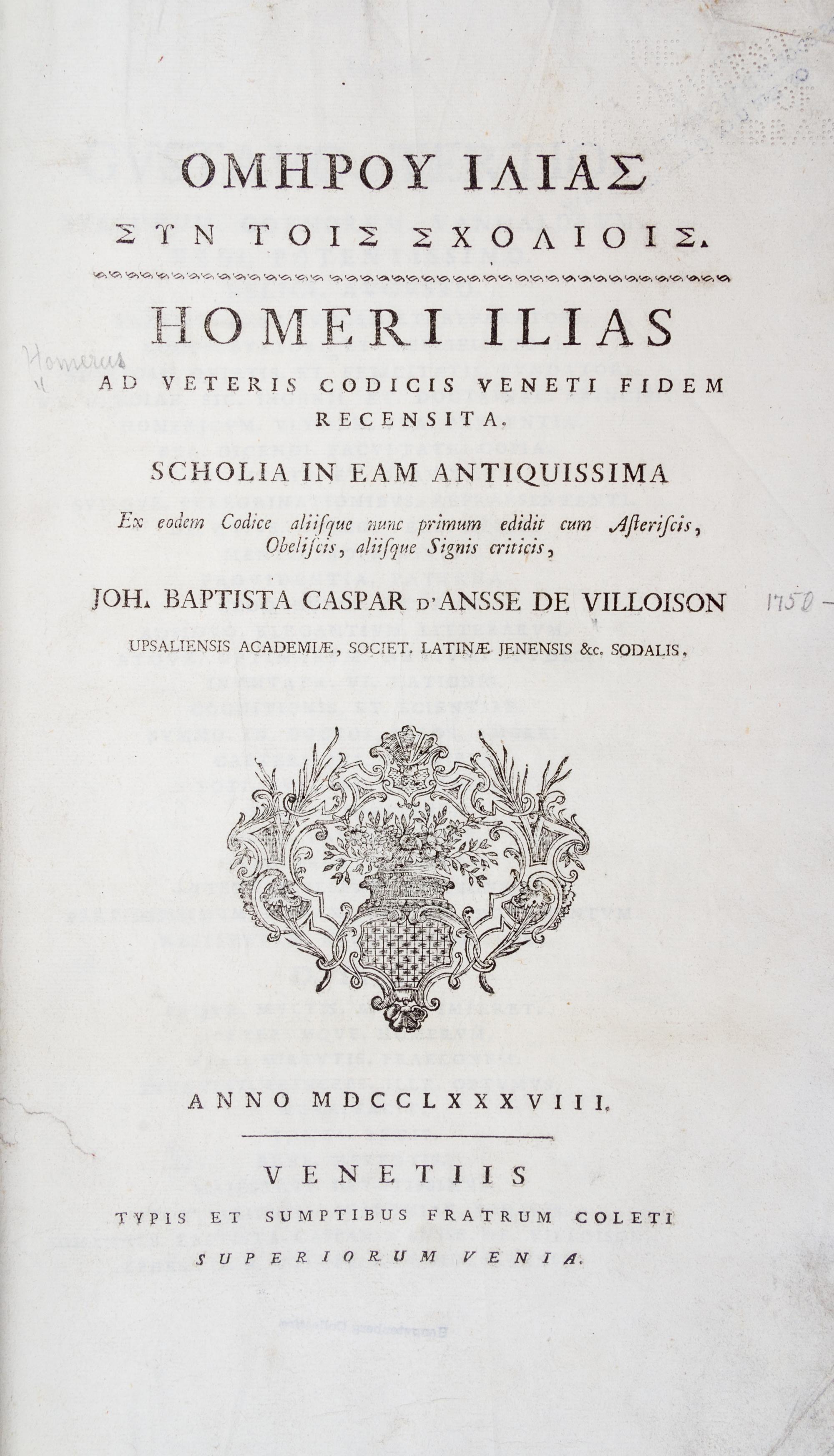 (HOMER) VILLOISON, JEAN-BAPTISTE GASPARD D'ANSSE DE. Ilias. Venice, 1788.