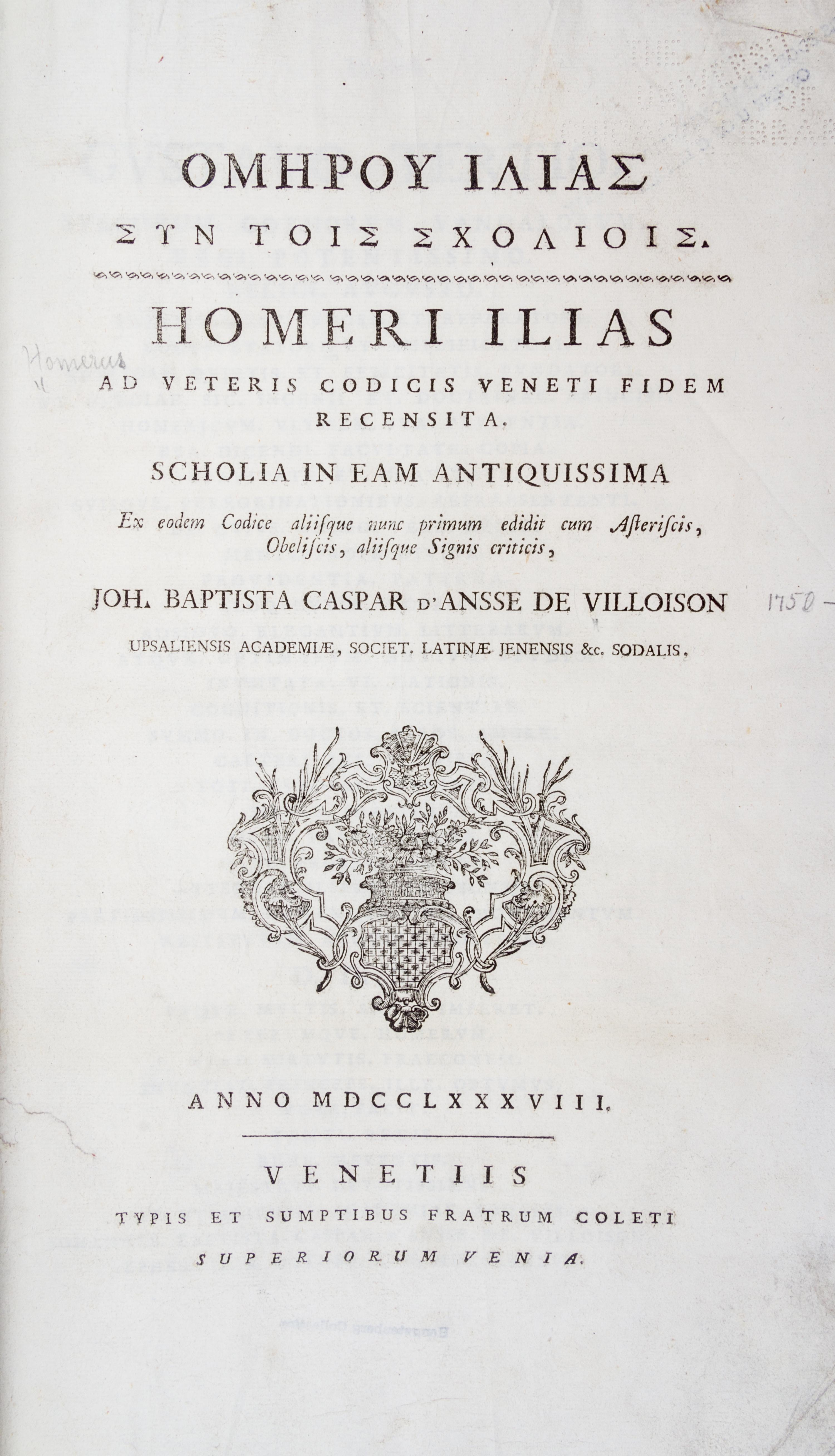 (HOMER) VILLOISON, JEAN-BAPTISTE GASPARD D'ANSSE DE. Ilias. Venice, 1788.