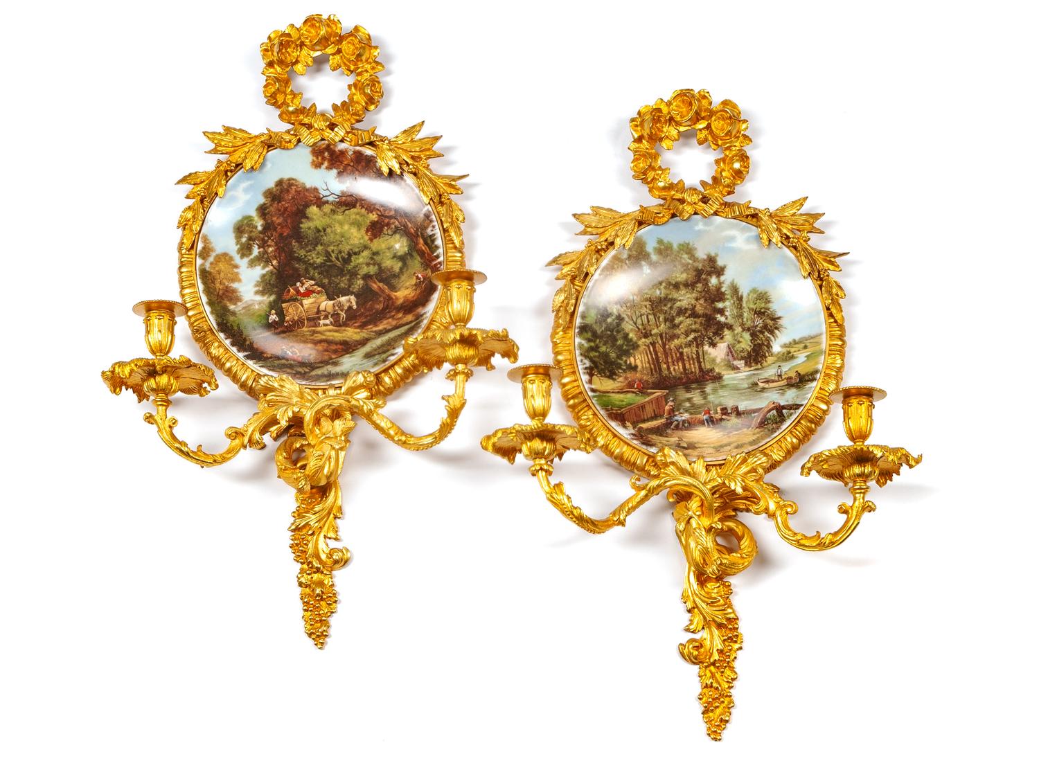 A Pair of Louis XV Style Gilt Bronze and Porcelain Two-Light Girandoles