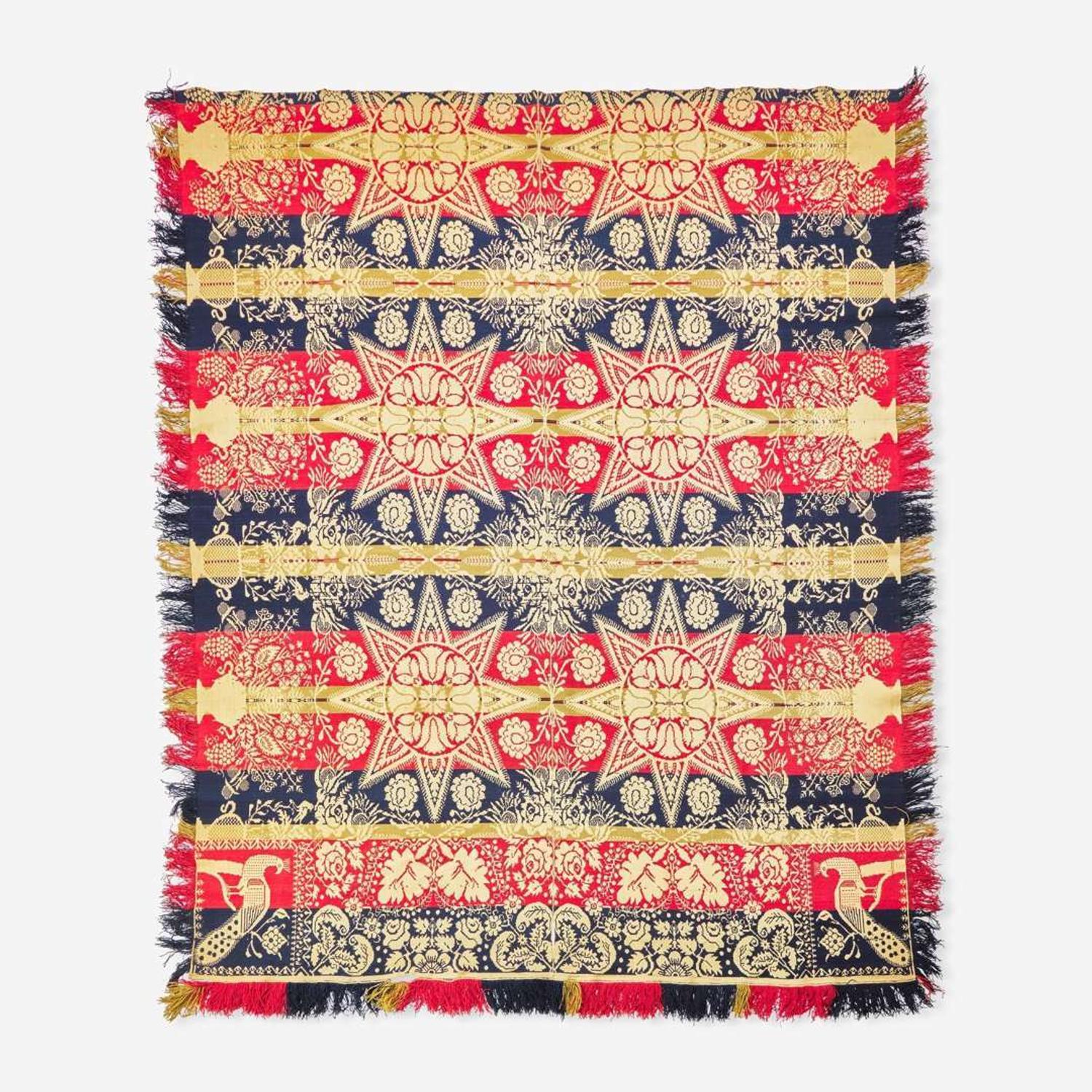An assorted collection of five woven wool coverlets and one quilt; 19th century