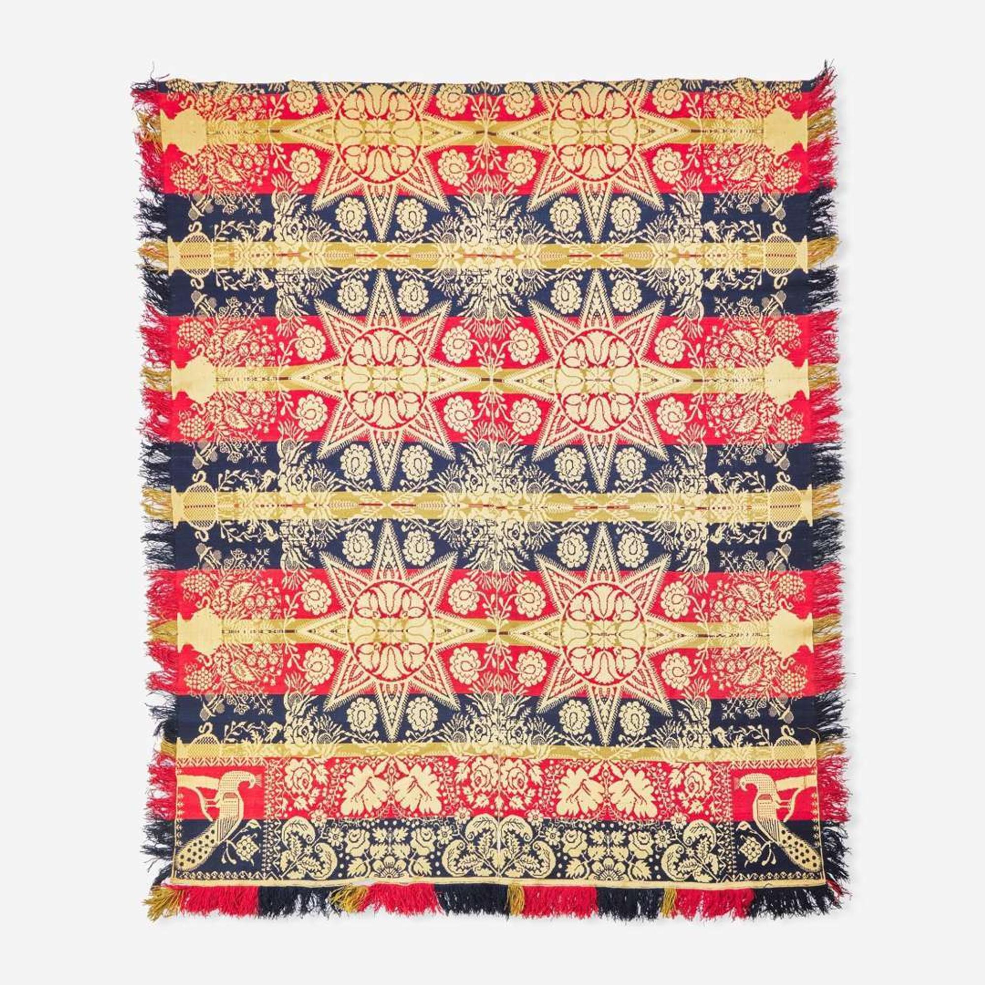 An assorted collection of five woven wool coverlets and one quilt; 19th century