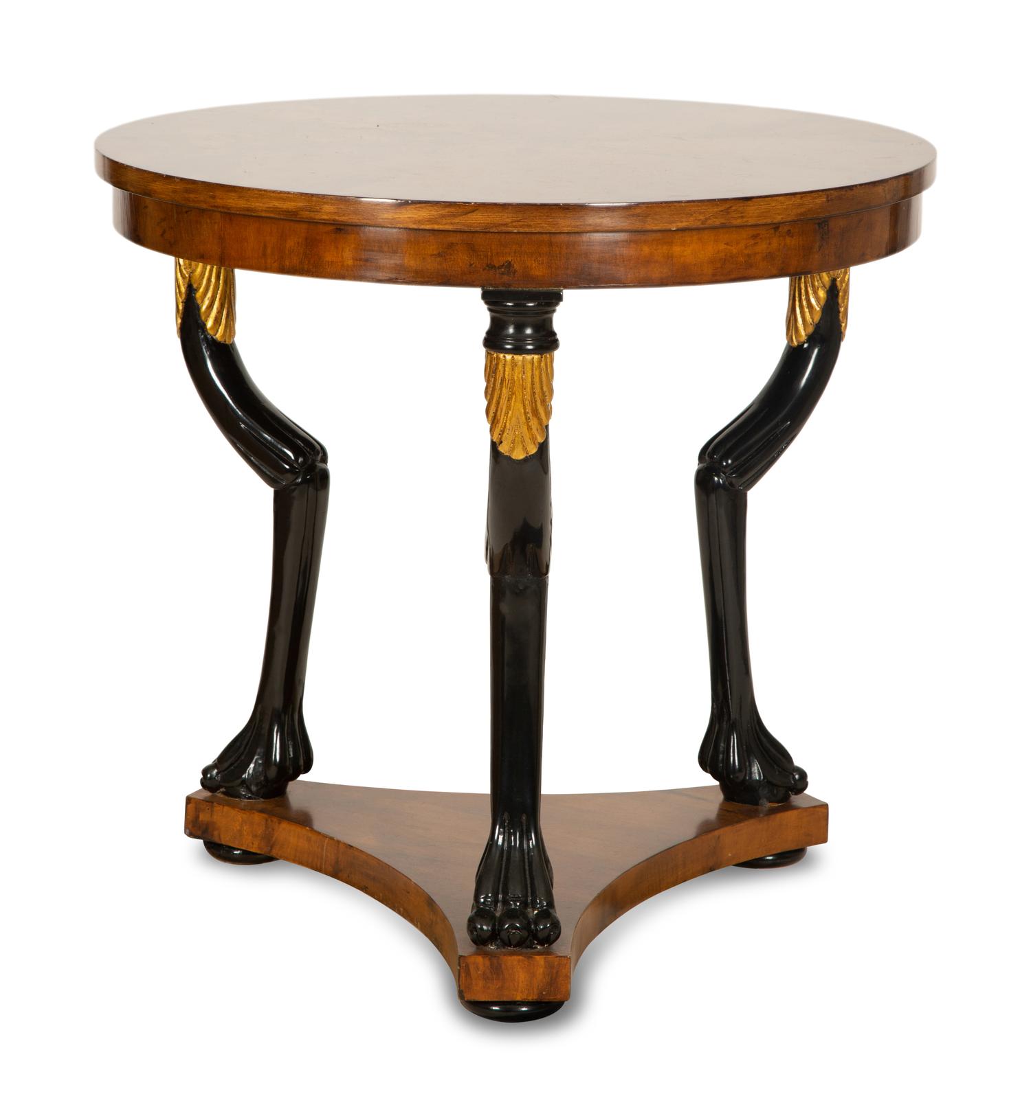A Pair of Empire Style Walnut, Black Lacquer and Parcel Gilt Side Tables