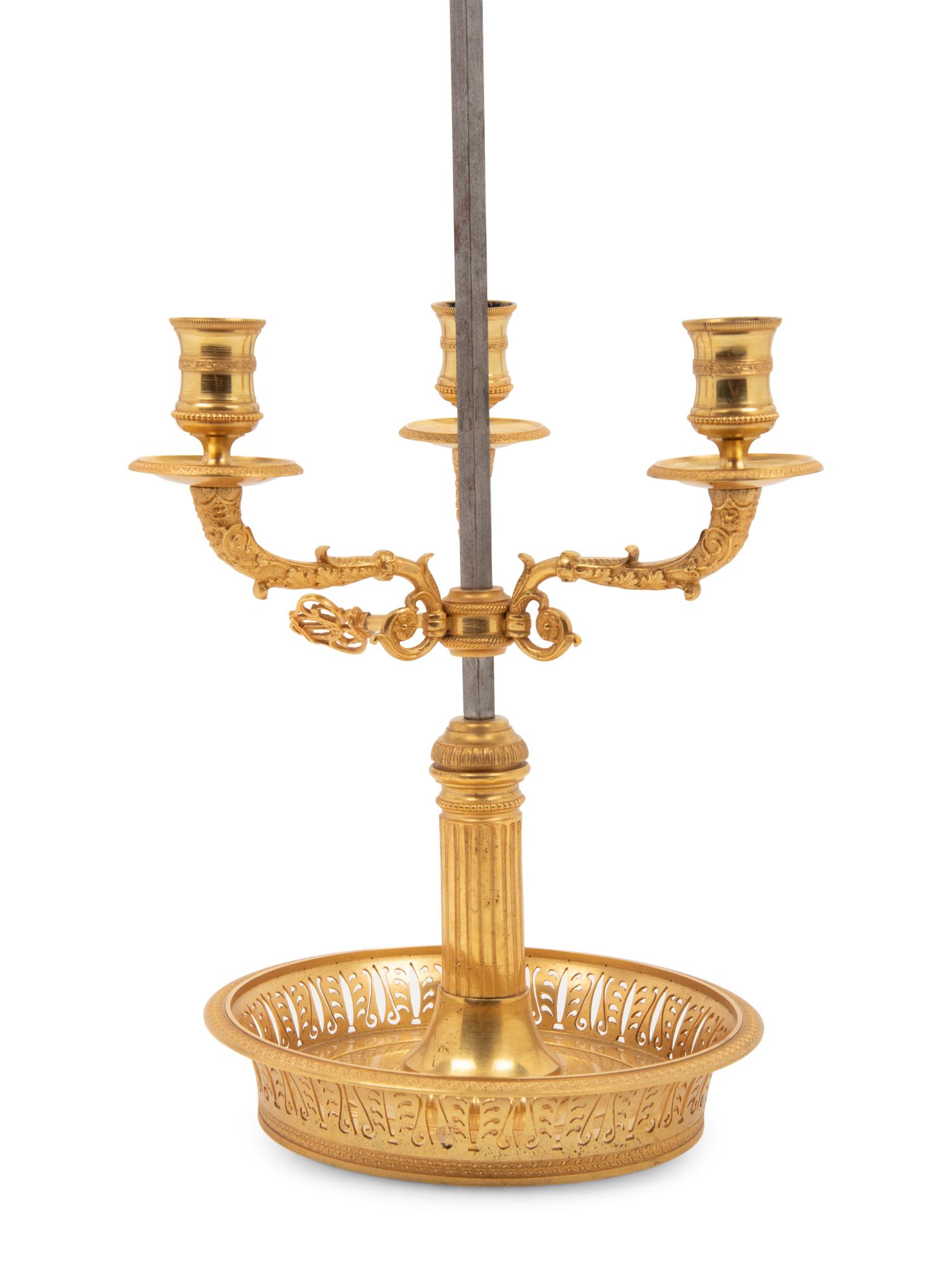 An Empire Style Gilt Metal Three-Light Bouillotte Lamp with a Tôle Shade