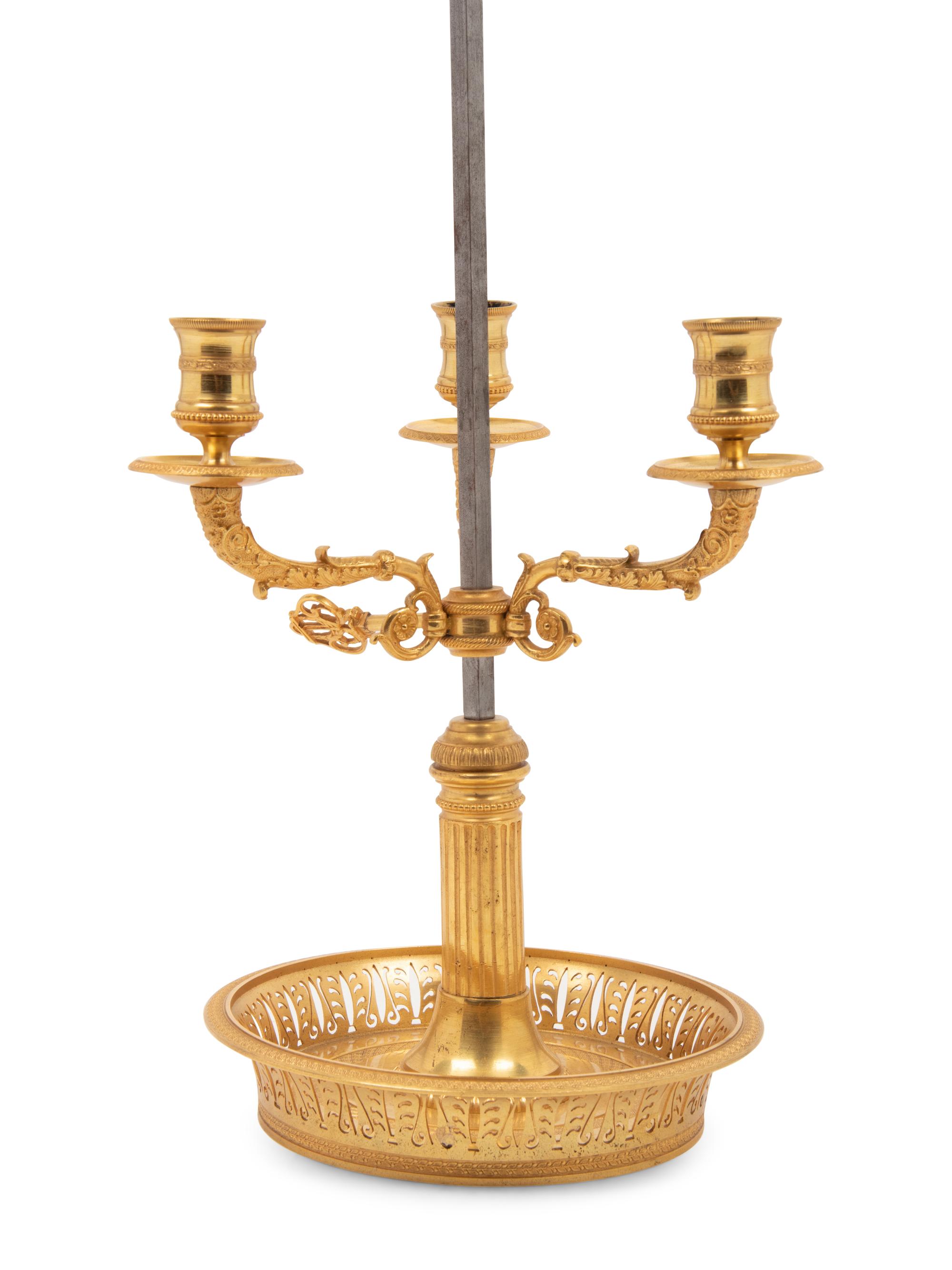 An Empire Style Gilt Metal Three-Light Bouillotte Lamp with a Tôle Shade