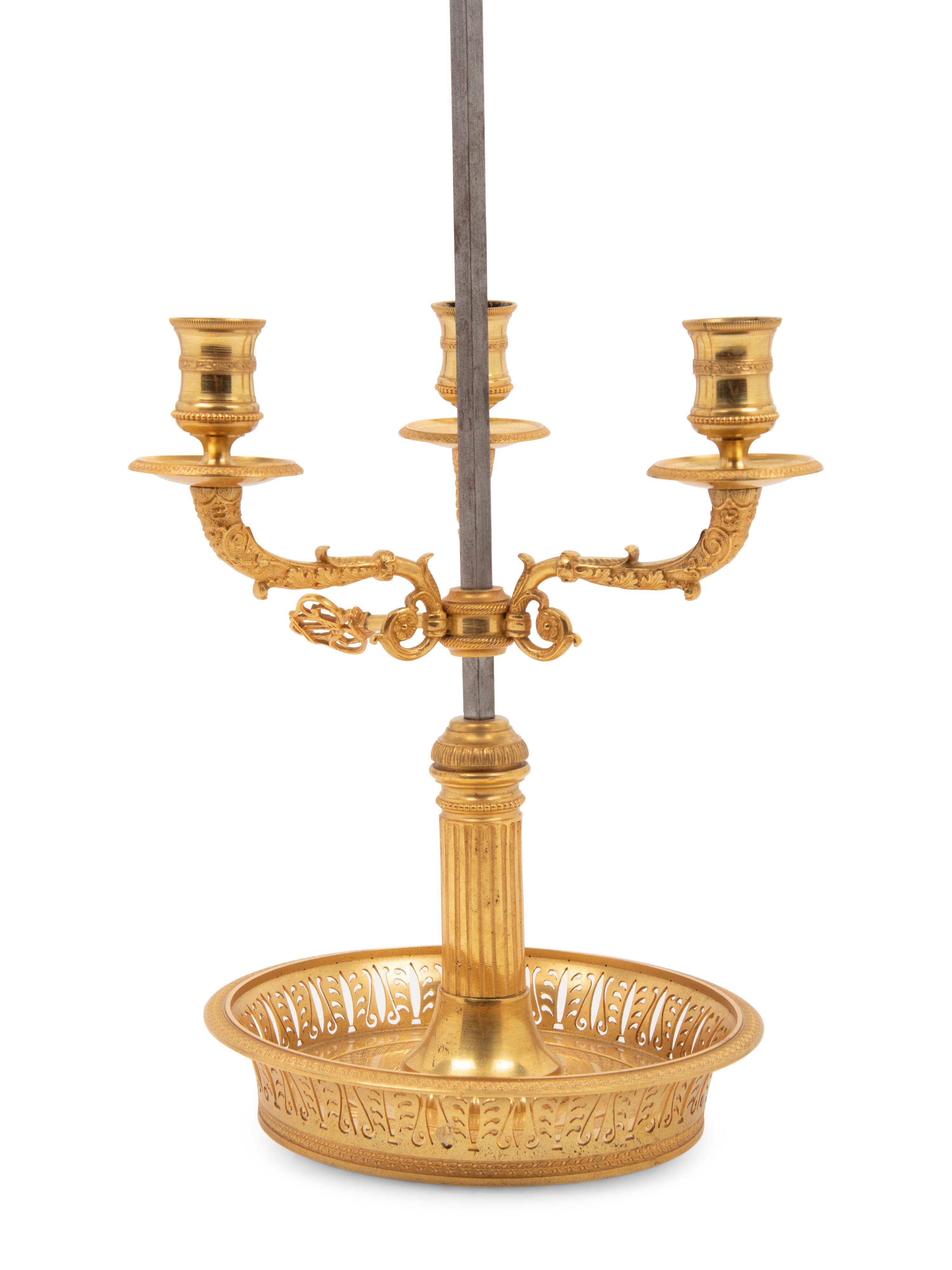 An Empire Style Gilt Metal Three-Light Bouillotte Lamp with a Tôle Shade