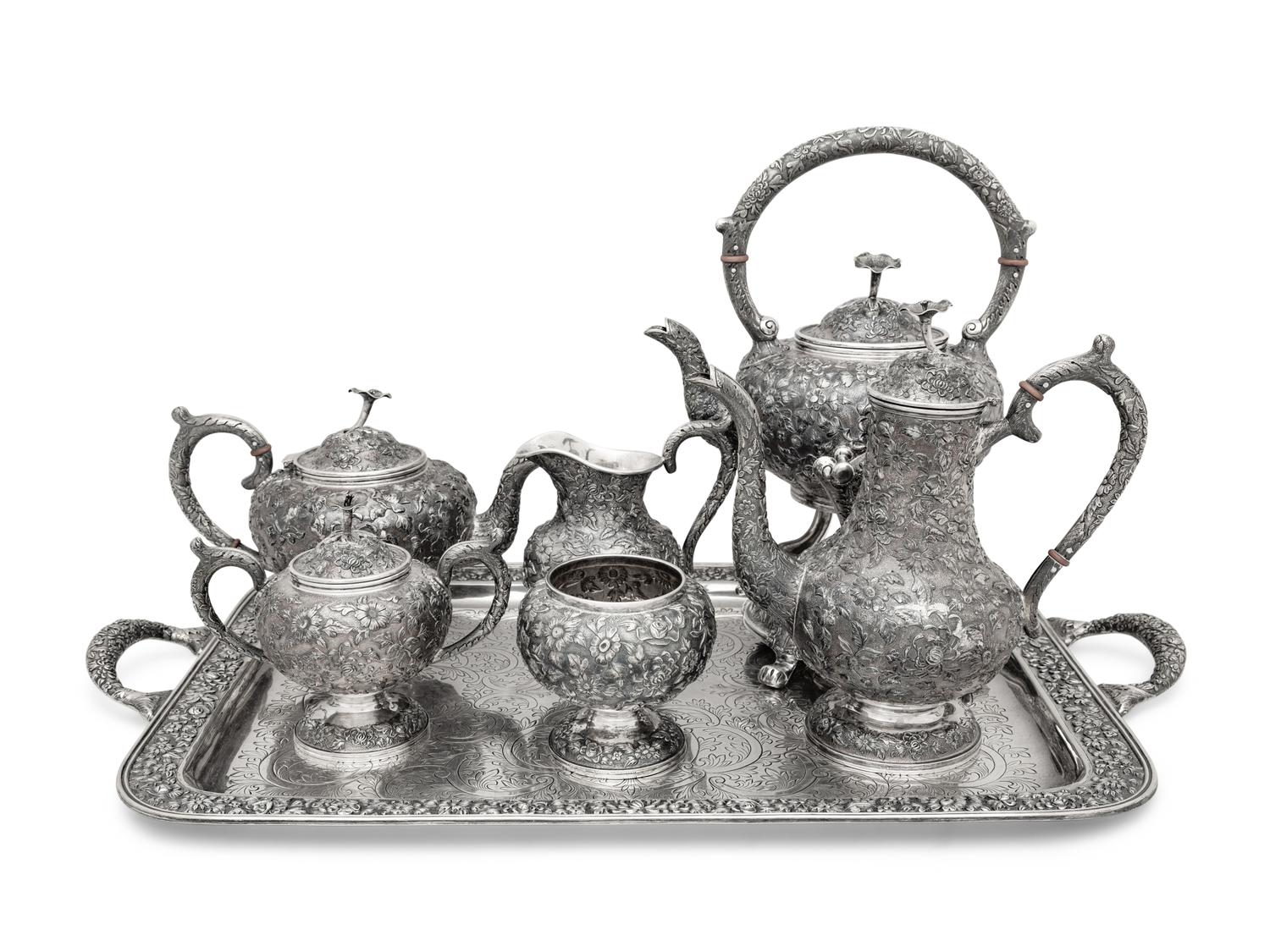 An American Silver Repoussé Seven-Piece Tea and Coffee Service