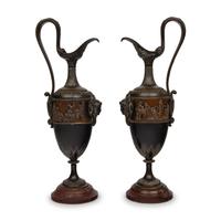 A Pair of Neoclassical Bronze and Marble Ewers