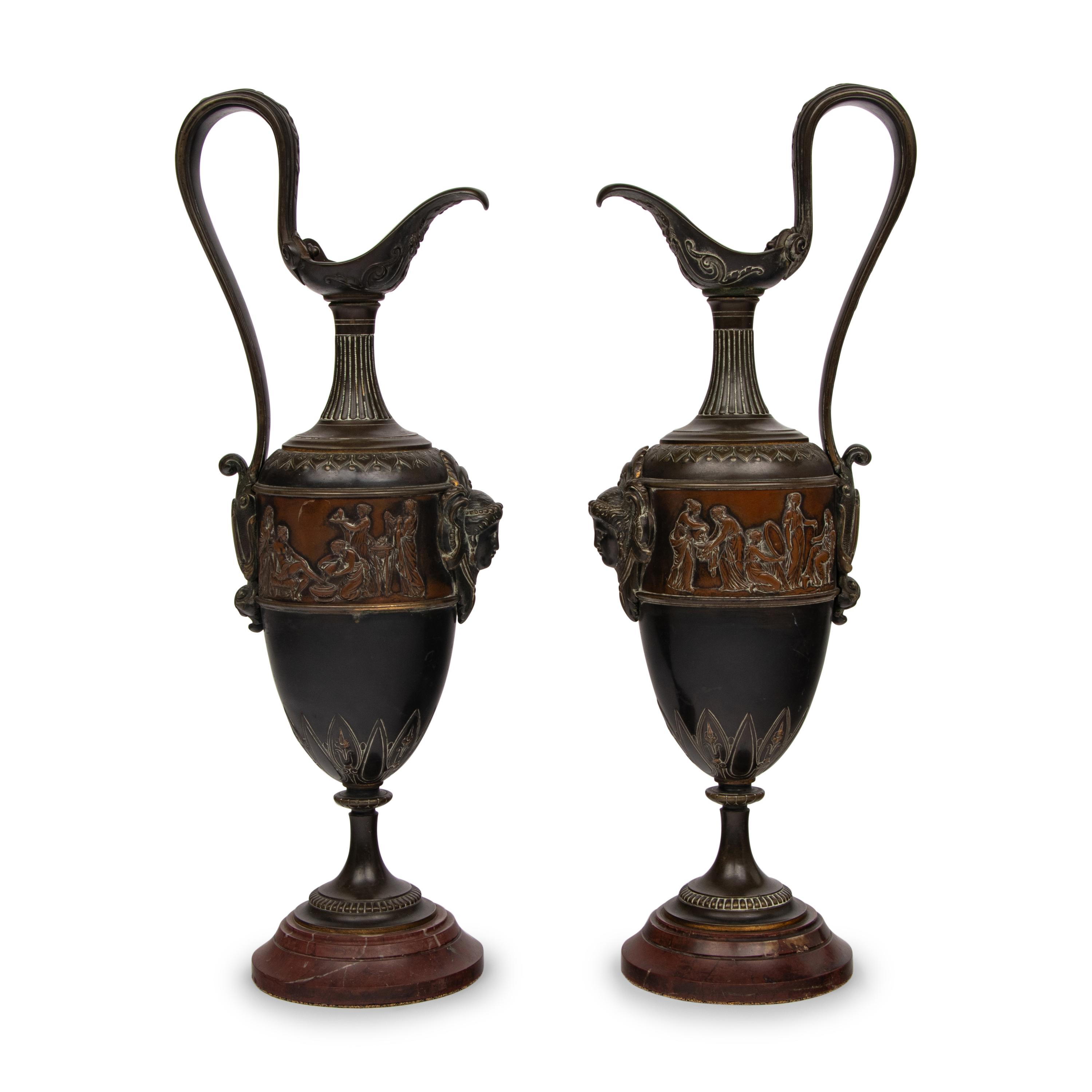 A Pair of Neoclassical Bronze and Marble Ewers