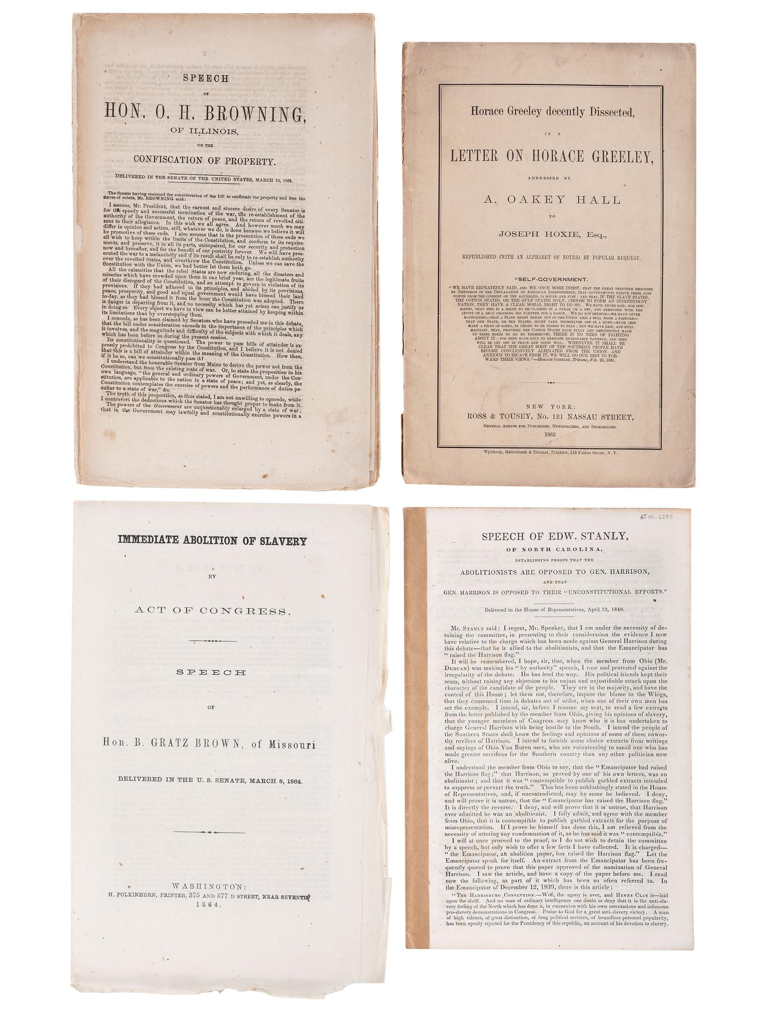 [SLAVERY & ABOLITION]. A signed cabinet card of abolitionist Wendell Phillips with 13 abolition-related pamphlets, especially concerning the Confiscation Acts, comprising: