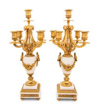 A Pair of Louis XVI Style Marble and Gilt Bronze Five-Light Candelabra