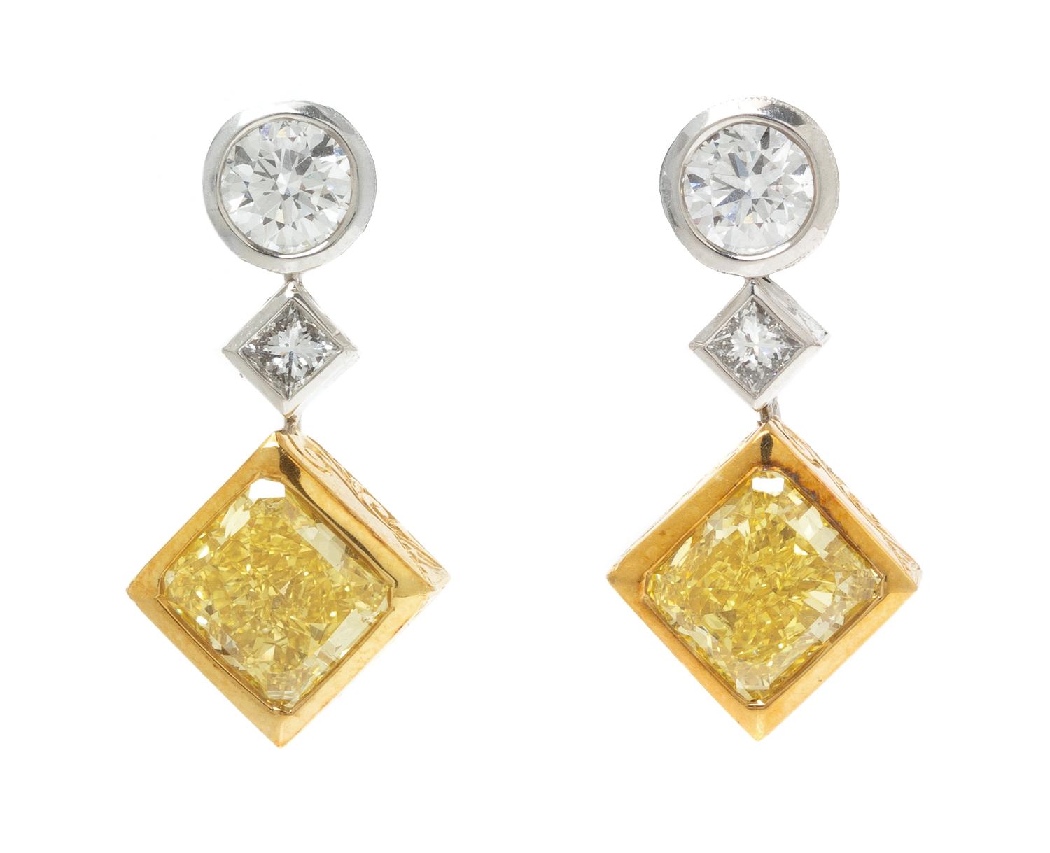 A Pair of Platinum, Yellow Gold, Yellow Diamond and Diamond Earrings, Micheal Beaudry, 9.20 dwts.