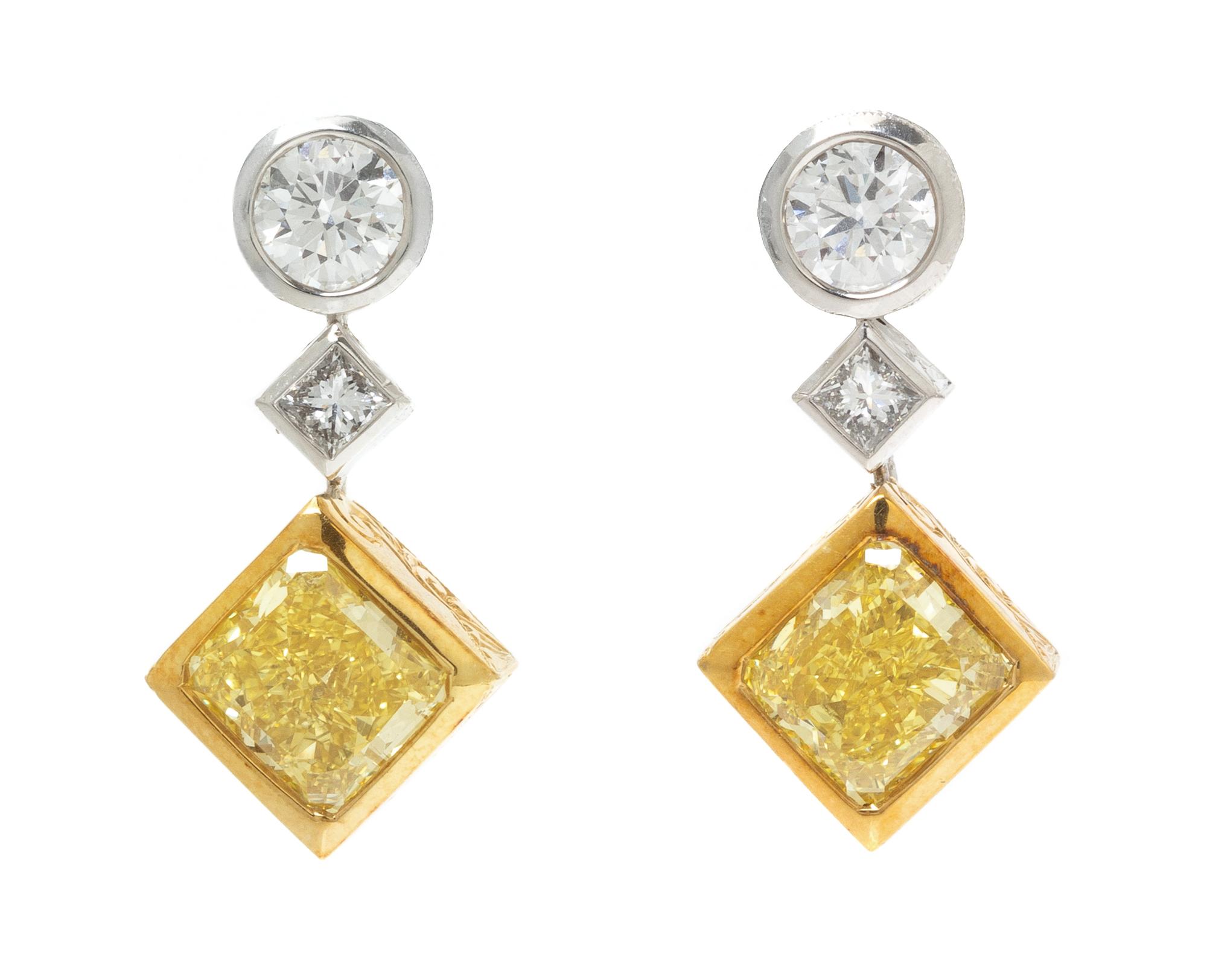 A Pair of Platinum, Yellow Gold, Yellow Diamond and Diamond Earrings, Micheal Beaudry, 9.20 dwts.