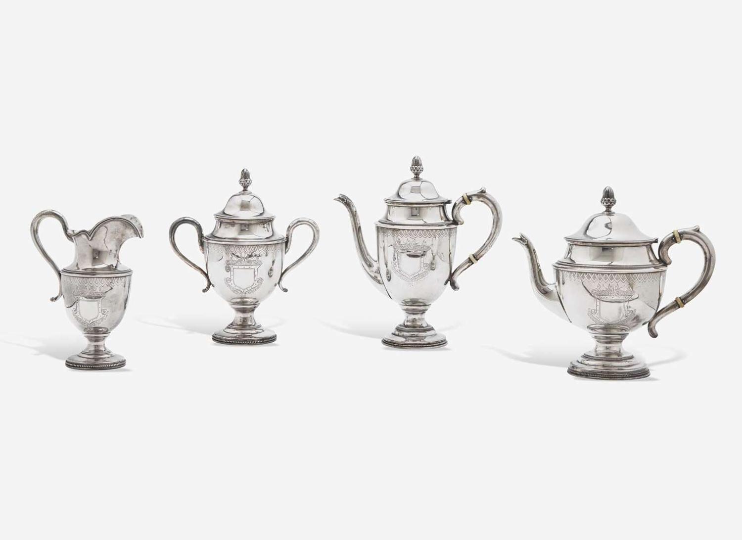 An assembled four-piece sterling silver tea and coffee service, William Gale & Son, New York, NY and Crown Silver Company, Inc., Brookline, MA, circa 1862-1866 and 1935-1950, respectively