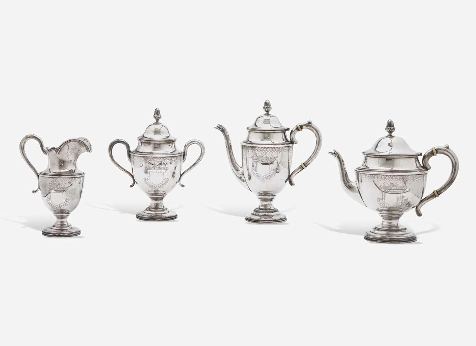 An assembled four-piece sterling silver tea and coffee service, William Gale & Son, New York, NY and Crown Silver Company, Inc., Brookline, MA, circa 1862-1866 and 1935-1950, respectively