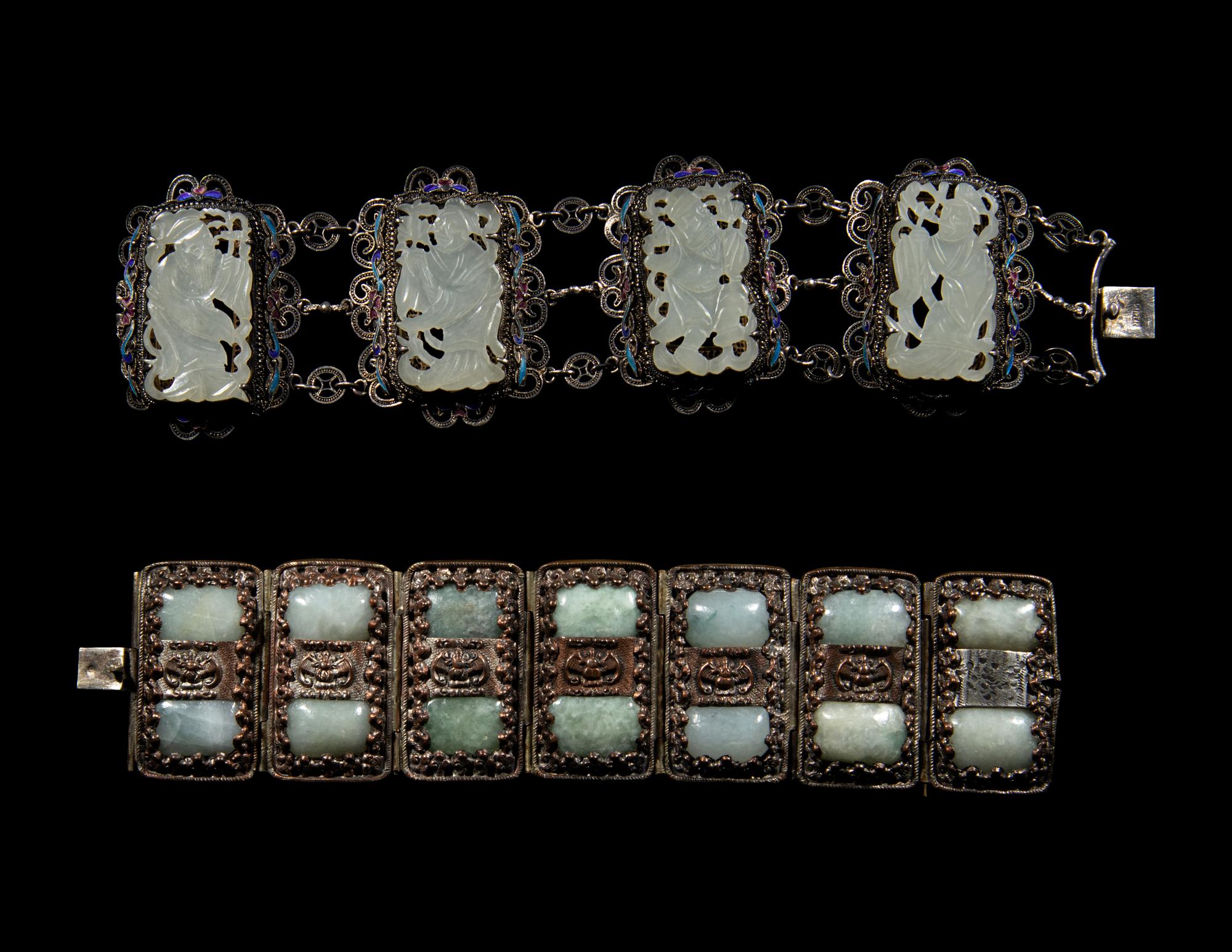 Two Chinese Jade and Jadeite Inset Silvered Metal Bracelets