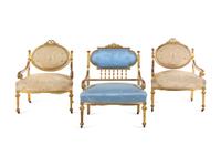 Three Louis XVI Style Carved Giltwood Fauteuils