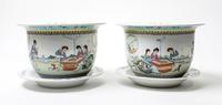 A Pair of Chinese Famille Rose Porcelain Cache Pots and Underplates — 20TH CENTURY