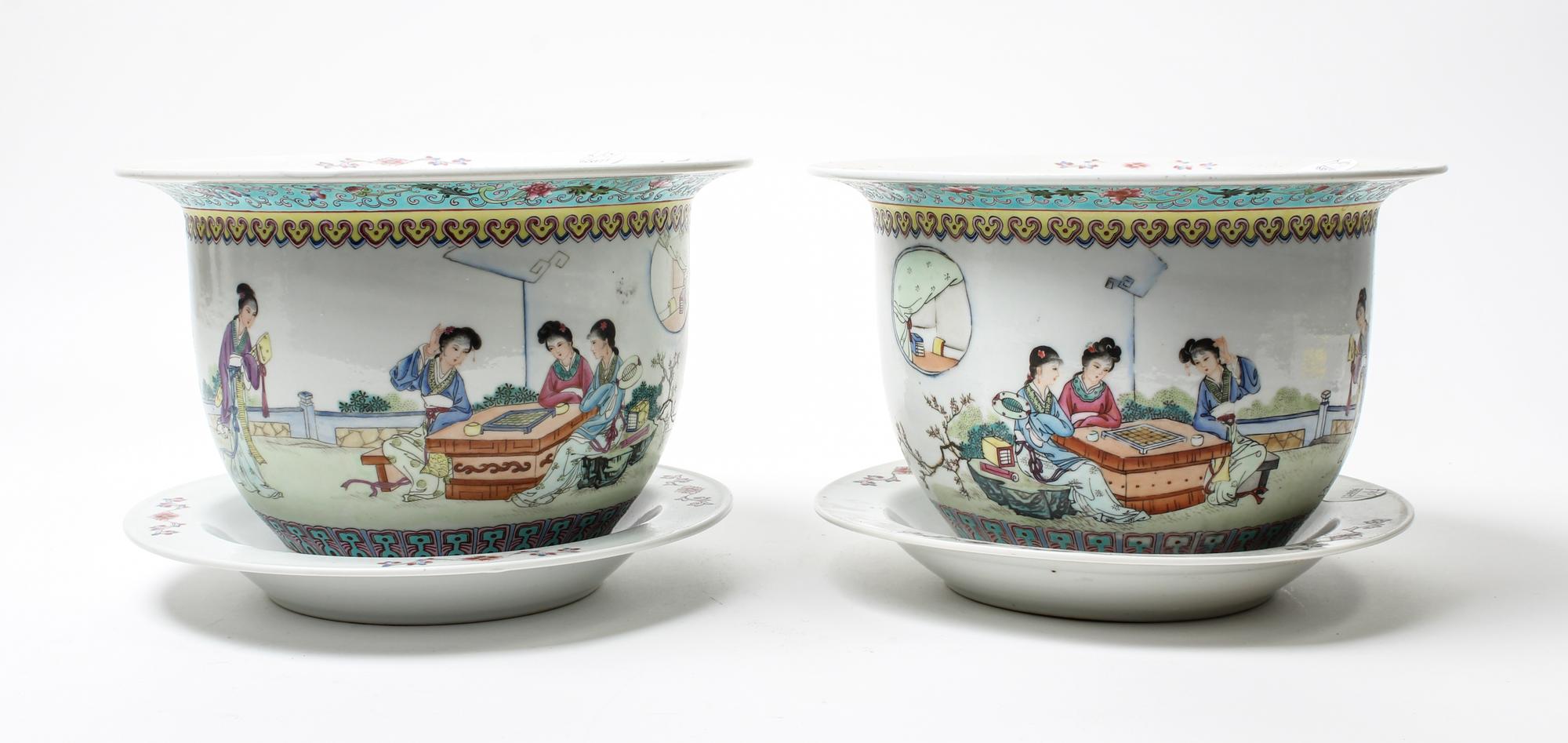 A Pair of Chinese Famille Rose Porcelain Cache Pots and Underplates — 20TH CENTURY