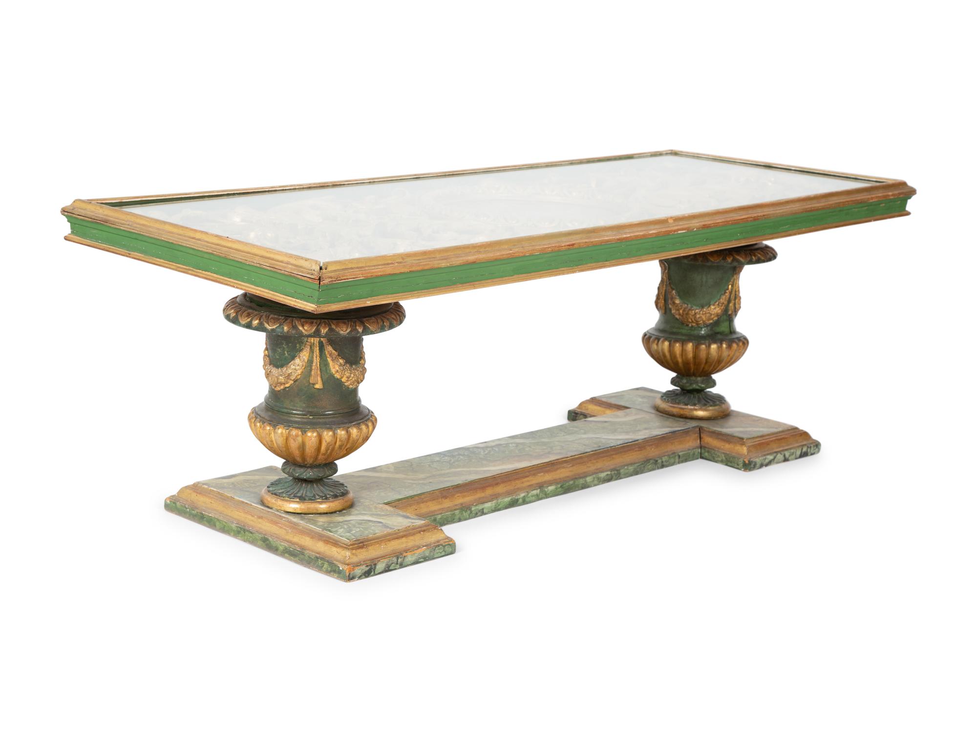 An Italian Faux Marble and Giltwood Two-Pedestal Coffee Table — 20TH CENTURY
