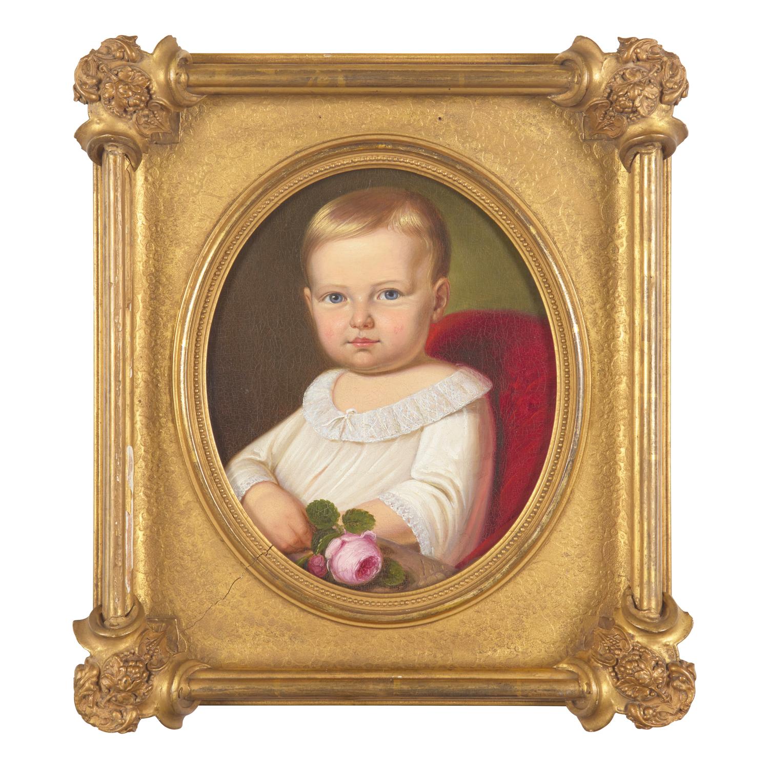 German School 19th Century, A Portrait of a Baby Girl with Rose