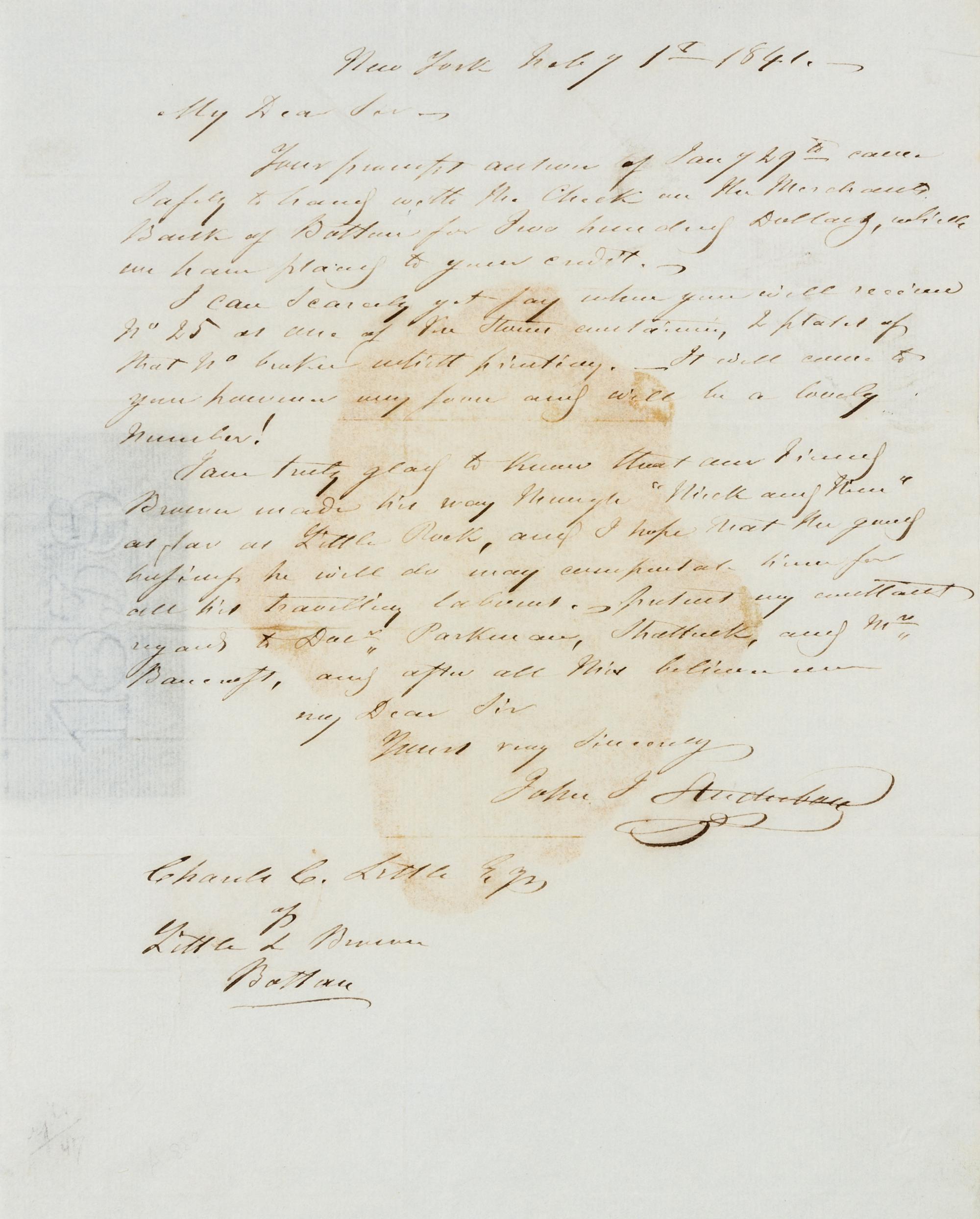 AUDUBON, John J. Autographed letter signed ("John J. Audubon"), to Charles C. Little, of Little & Brown Boston, New York, 1 Feb. 1841.