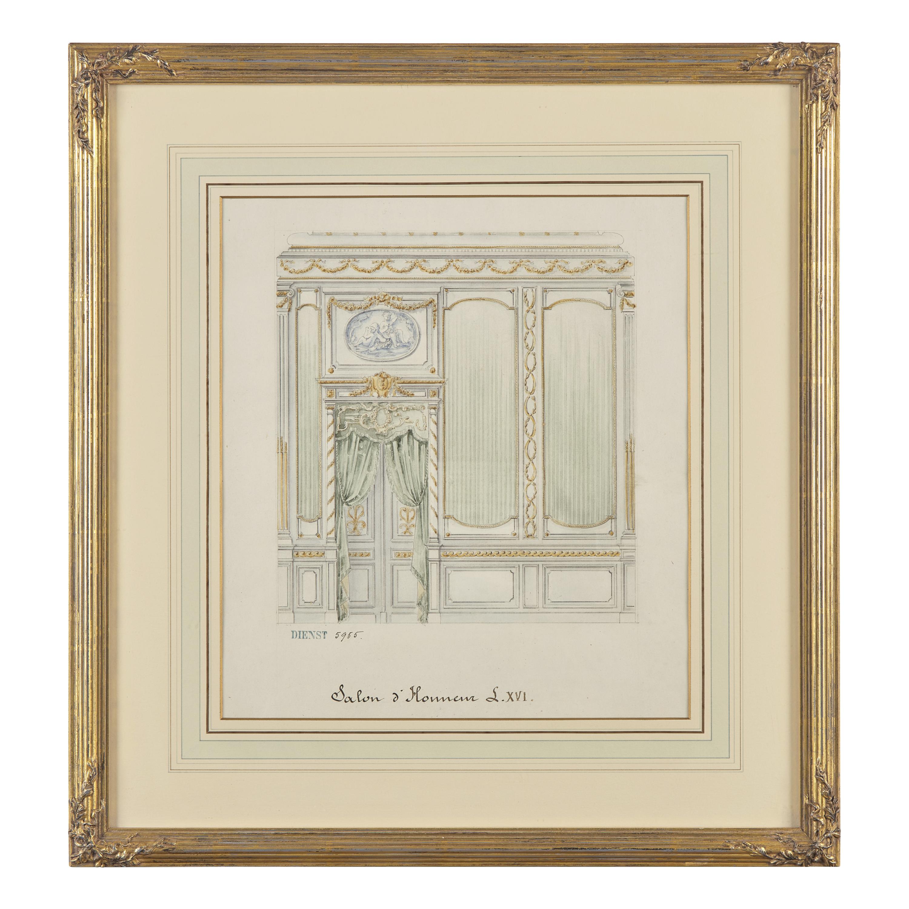 Attributed to Eugène Dienst (French, 19th Century), A Group of Six Hand-Drawn and Painted Studies of French Interiors