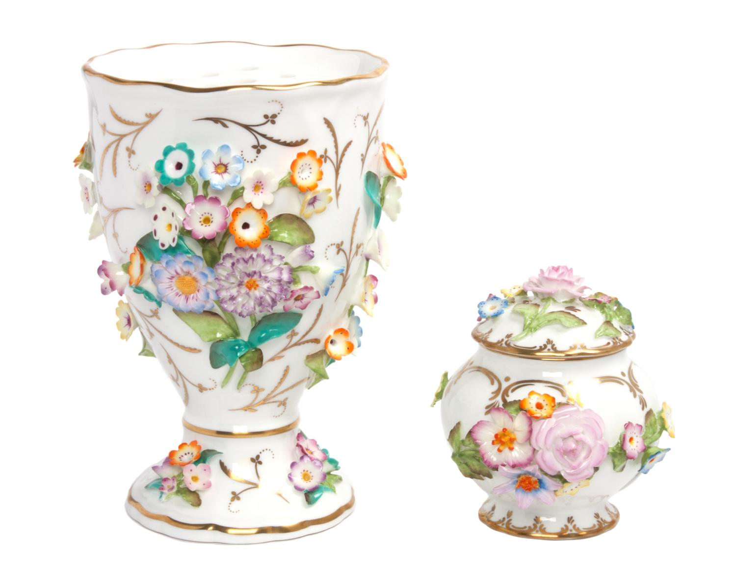 A Coalport Coalbrookdale Porcelain Vase and Flower Frog Height of first 6 1/2 inches.