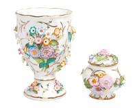 A Coalport Coalbrookdale Porcelain Vase and Flower Frog Height of first 6 1/2 inches.