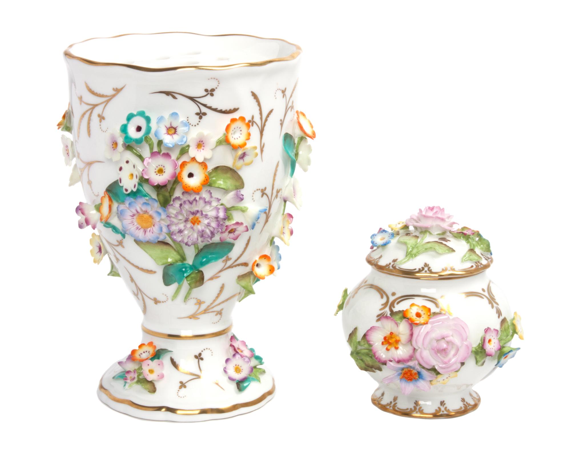 A Coalport Coalbrookdale Porcelain Vase and Flower Frog Height of first 6 1/2 inches.