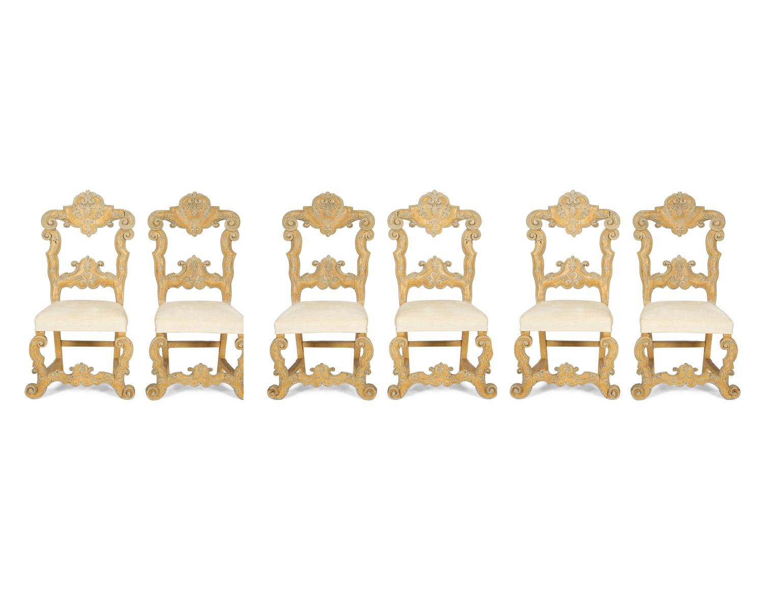A Set of Six Continental Carved and Cream and Yellow-Painted Dining Chairs